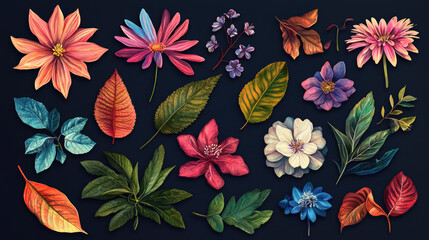 multiple flower and leaves assets for illustration design or layout on black background easy to edit