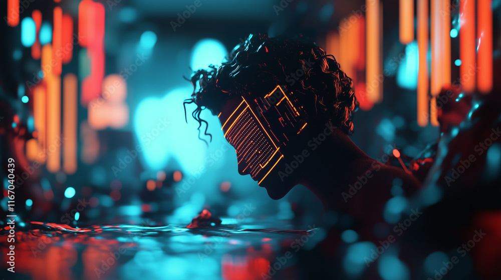 Poster a dynamic abstract technology scene with luminous data grids, flowing digital patterns, and neon-lik