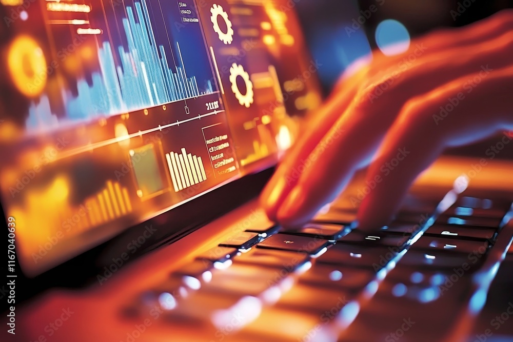Poster close up of a laptop keyboard with holographic data visuals emphasizing analysis and innovation