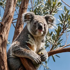 Obraz premium A koala nestled in a eucalyptus tree with a bright, clear sky overhead.