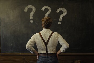 A thoughtful man in white shirt and jeans ponders life s questions against a dark chalkboard