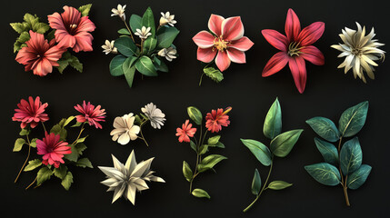 multiple flower and leaves assets illustration on blank black background easy to edit