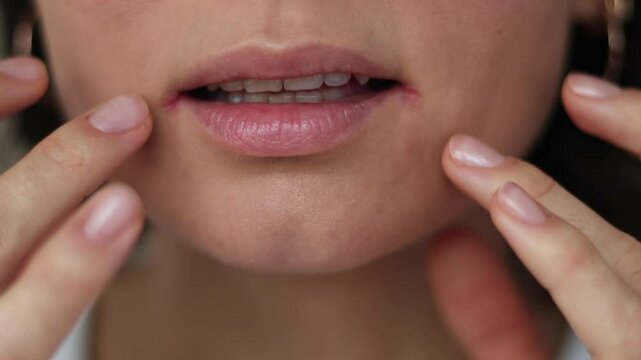 Close up of woman having problem with mouth disease, dry skin on corner of chapped lips with visible irritation or angular cheilitis, cracks, visible irritation in the corners of the mouth, redness