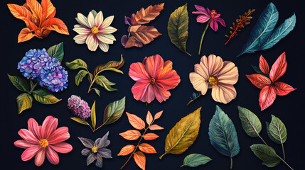 multiple flower and leaves assets for illustration on blank black background easy to edit