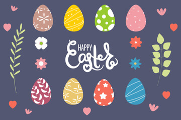 Collection of easter elements on isolated background.Easter eggs, flowers, branches, lettering happy easter.Vector spring elements set.