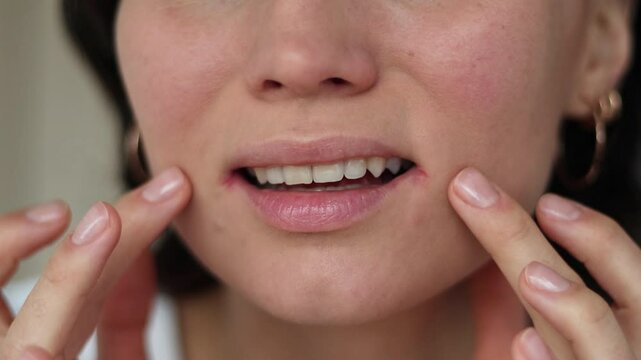 Close up of woman having problem with mouth disease, dry skin on corner of chapped lips with visible irritation or angular cheilitis, cracks, visible irritation in the corners of the mouth, redness