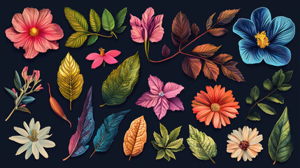 multiple flower and leaves assets illustration on blank black background easy to edit