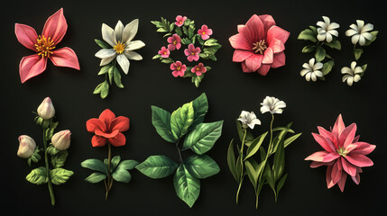 multiple flower assets illustration on blank black background easy to edit