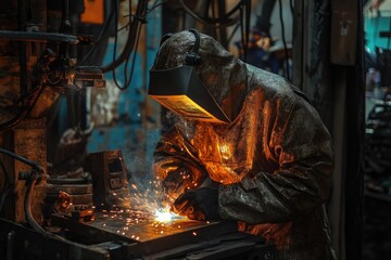 Man Worker in Protective Suit and Helmet Using Welding Machine. Sparks Flying During Construction or Repair Work, Industrial Scene