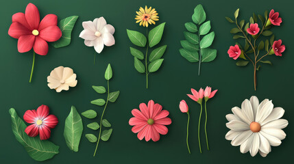 multiple flower assets illustration on blank background easy to edit