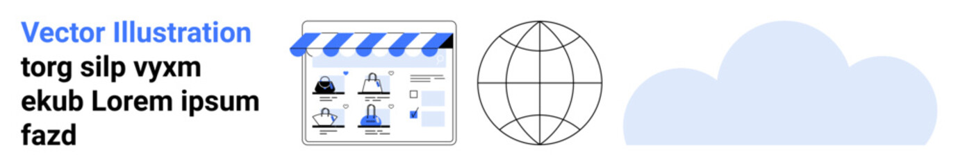Online storefront with blue-striped canopy displaying shopping icons, next to a globe and cloud. Ideal for e-commerce, online shopping, digital marketing, internet connectivity, cloud computing