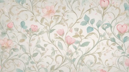 Floral Vintage Pattern: A delicate and romantic floral pattern with pink flowers and green leaves on a white background. Perfect for creating a vintage or shabby chic aesthetic. 
