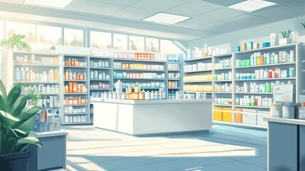 Bright, clean pharmacy interior with shelves stocked with various medications and health products.