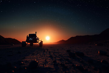 Fototapeta premium A lone rover navigates a barren, red-tinged planet under a starry sky, symbolizing perseverance and humanity's drive to explore unknown worlds