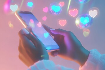 Close up of hands engaging with smartphone amidst floating holographic social media icons