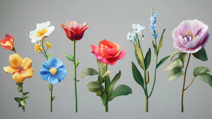 Beautiful vibrant flowers in various colors on green stems with leaves against a clean gray background, perfect for decoration or design use