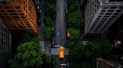 Aerial view of city street with yellow taxi.