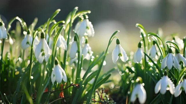 Beautiful snowdrops covered in morning dew bloom in early spring sunshine