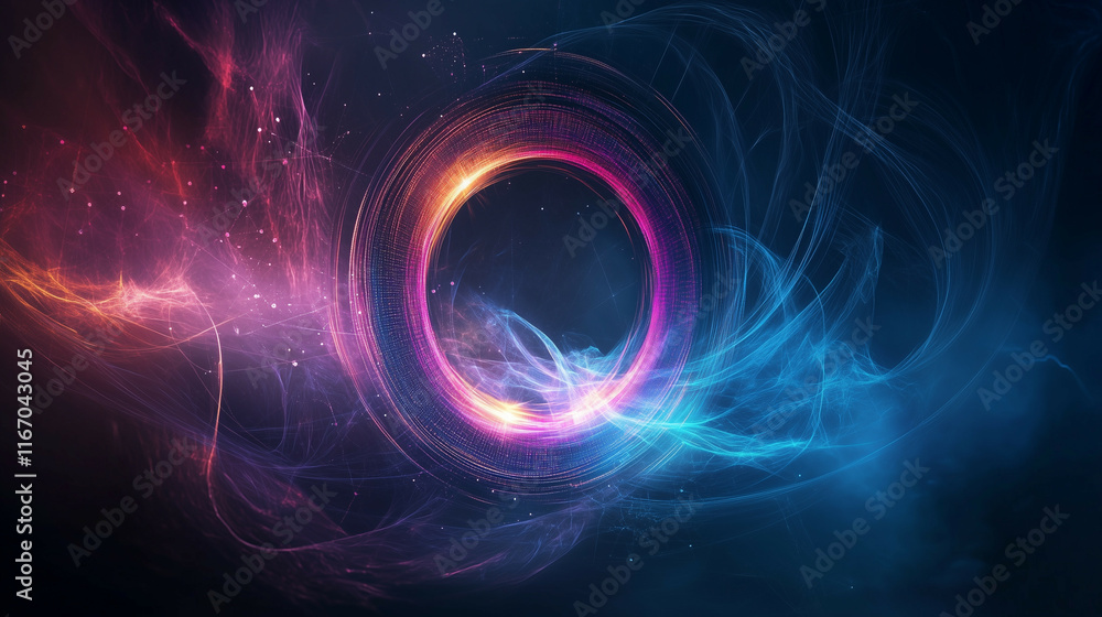 Poster a mesmerizing abstract technology background with swirling light trails, glowing particles, and inte