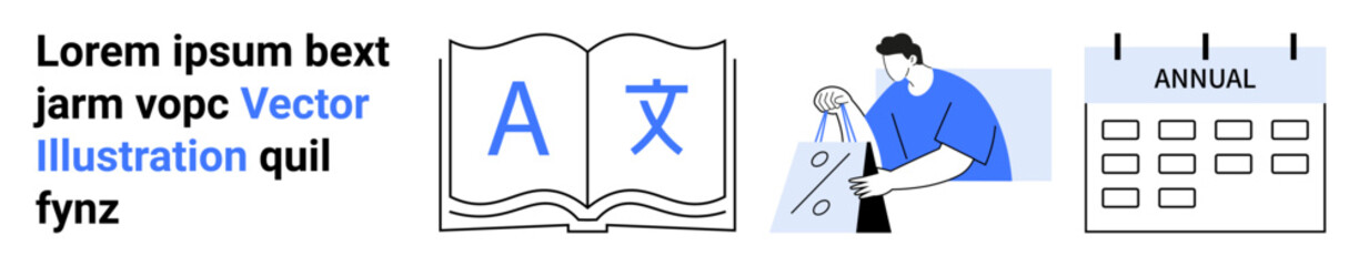 Book showcasing letters, designer sketching, annual calendar. Ideal for education, creativity, planning, design, time management organization content creation. Landing page