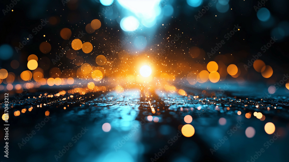 Poster a mesmerizing abstract technology background with swirling light trails, glowing particles, and inte