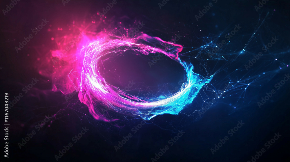 Poster a mesmerizing abstract technology background with swirling light trails, glowing particles, and inte