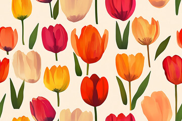 Obraz premium Bright and cheerful illustration of assorted tulips in a variety of warm colors on a light background, perfect for spring-themed designs, greeting cards, and floral patterns.