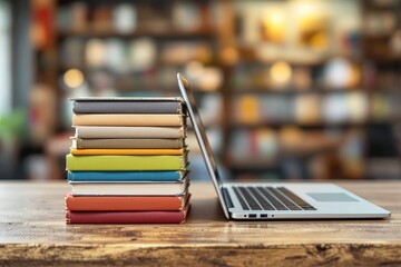 Colorful books stacked next to an open laptop on a wooden desk, blurred library background, warm lighting, concept of learning and technology. Ai generative
