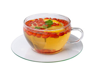 Goji Berry Tea Isolated, Lycium Barbaru Drink, Chinese Wolfberry compote, Barbary Matrimony Vine Berries, Red Medlar Infusion, Goji Berries Tea on White Background