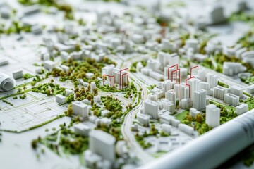 Realistic 3d urban architectural map showcasing streets, parks, and key landmarks in detail