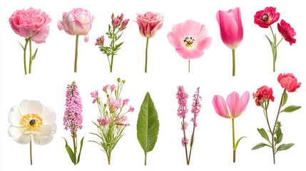 illustration of multiple flowers, with different type, pink and white on white background