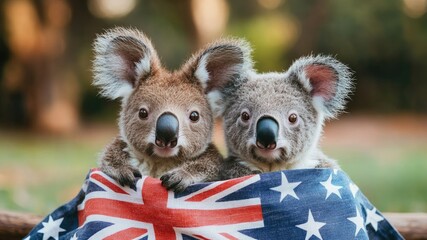 Adorable koala holding the Australian national flag, symbolizing Australia Day, with copy space. Perfect for festive, patriotic, and cultural themes.