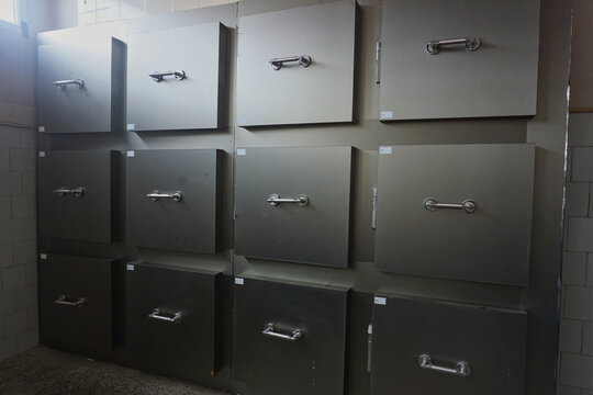 morgue, cold funeral cabinets, hospital morgue room