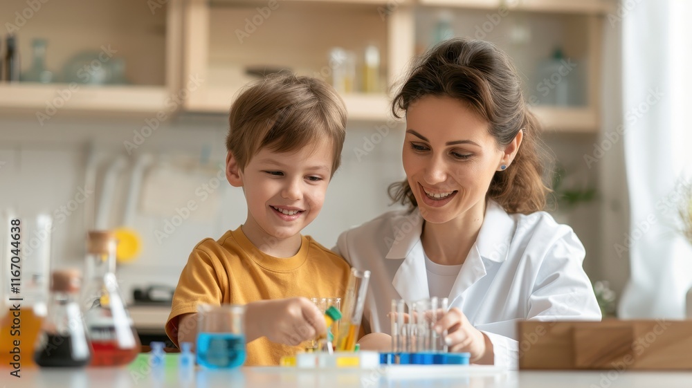 Poster a woman and a child engage in a fun science experiment at a table filled with colorful test tubes an