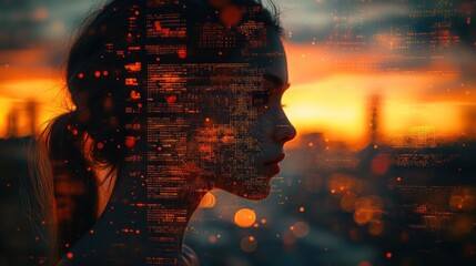 Woman Silhouette Over Cityscape and Digital Data Visualization at Sunset
