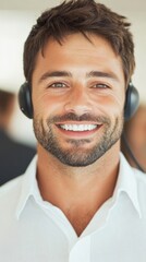 Obraz premium Customer service representative with headphones smiles while helping clients in a busy, bright office setting during daytime hours