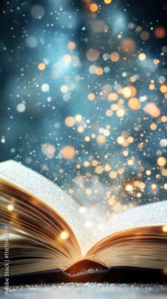 Poster an open book releases a cascade of glittering particles, creating a magical atmosphere with vibrant 
