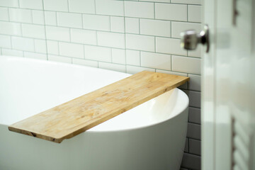 blur door handles of Modern bath room with wooden shelf on bath empty and white interior design