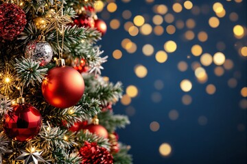 Fototapeta premium Christmas tree with red, silver, and gold ornaments, blurred golden light bokeh on dark blue background, concept of festive holiday decor. Ai generative