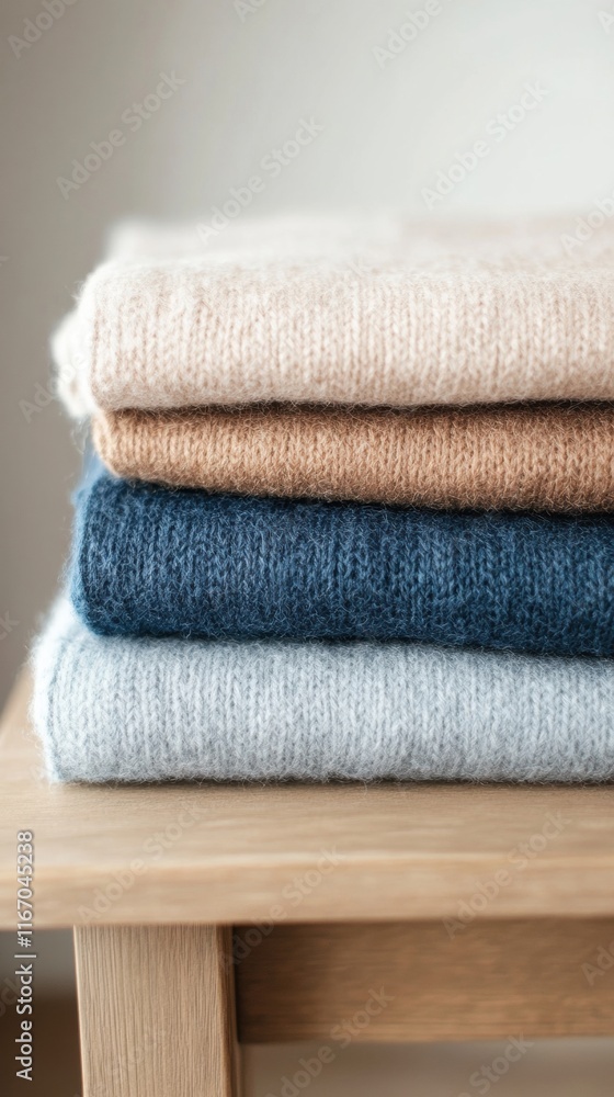 Poster softly textured clothes are arranged in neat folds on a wooden table, creating an inviting atmospher