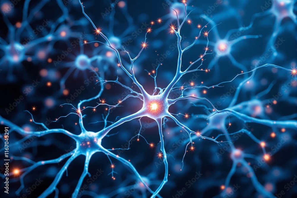 Poster the image depicts glowing blue neural network connections with orange sparks on a dark background, s