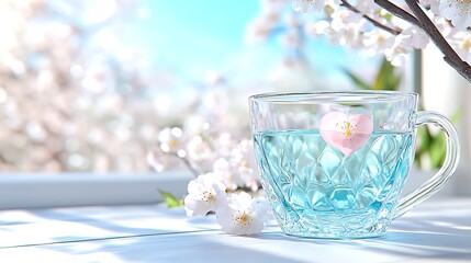 Tranquil Spring  Blue Tea Cup  Blossoms  Heart Shaped Petal