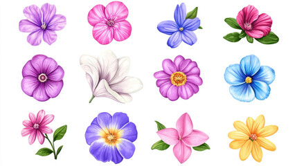 collection of colorful flowers petal in painting style on white background