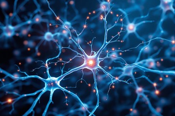 The image depicts glowing blue neural network connections with orange sparks on a dark background, symbolizing brain activity and communication. Ai generative