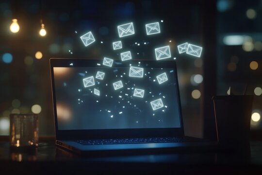 Laptop with glowing envelope icons emerging from screen, symbolizing online email communication - Powered by Adobe