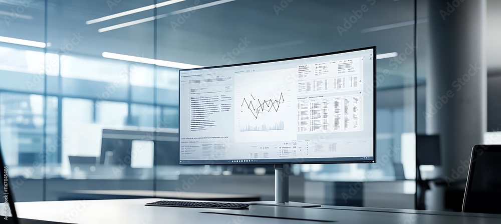 Poster a clean and modern workspace with a large monitor displaying a business workflow diagram, set in a s