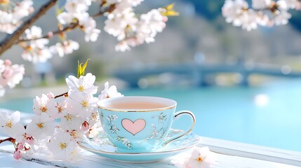 Fototapeta premium Spring Tea Break Blue Teacup Cherry Blossoms Scenic View