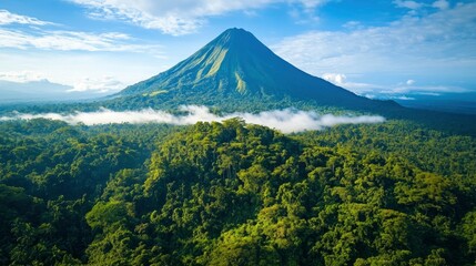 Fototapeta premium Aerial view of a dense tropical rainforest in the morning with fog and clouds on the mountain top, on a sunny day. Aerial photograph from a drone. High-resolution photography.