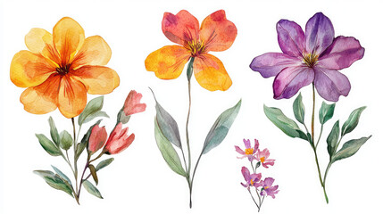 bouquet of colorful flowers with yellow, and purple, on white background