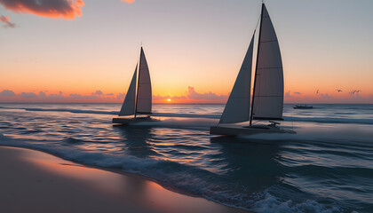 Fototapeta premium Two sand yachts racing along a sandy beach at sunset, 8k photorealism. isolated with white highlights